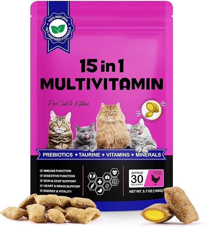 15-in-1 Multivitamin Cat Treats for Indoor Cats, Taurine, Omega Fatty Acids & Beta-Glucans Support Immune, Digestive, Skin & Coat Health – with Prebiotics & Essential Minerals | for Kittens&Adult Cats