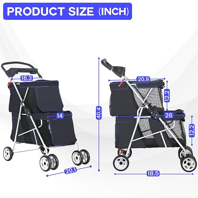 FDW 4 Wheels Pet Stroller Dog Cat Carriers Bag Lightweight Waterproof Folding Jogger Double Stroller with Cup Holders,Black