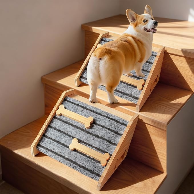 2-Pack Wooden Dog Ramp for Stairs - with Carpet Surfac with Anti-Slip Bone Strips. Small Dogs-Natural Pine Wood Pet Step Ramp&Assist for Senior, Injured Pets, Porch Steps Indoor Use