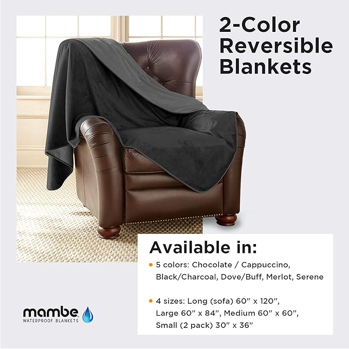 Mambe Silky Waterproof Throw for Protecting Furniture Bed Couch from Stains Caused by Dogs, Cats, Incontinence. Soft, Washable, Reversible. (Size Small 2-Pack 30x35 inches, Color Black/Charcoal)