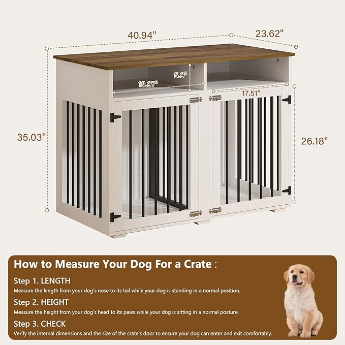 Furniture Dog Crate for Two Dogs, 41 Inch Farmhouse Style Dog Kennel with Removable Divider and Thickened Desktop, Heavy-Duty Base for Small to Medium Dogs, White