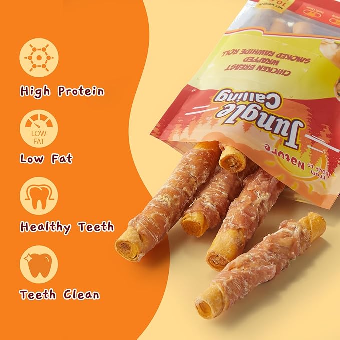 Jungle Calling Dog Treats Smoked Chicken Wrapped Rawhide Rolls, High Protein Dog Chews, Rawhide Chews for Medium and Large Dogs, 10.6 Oz, About 10 Count