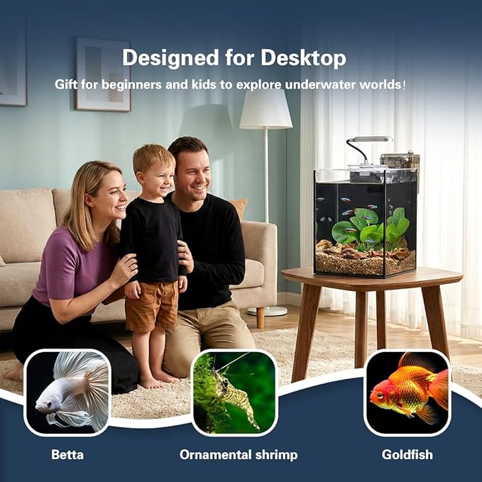 Fish Tank Kit,2.2 Gallon Small Aquarium,Ultra-Clear Nano Aquarium,Betta Fish Tank,Small Fish Tank,Aquarium Starter kit with Light,Filter,Pine Skin Stone,Sand and Artificial Plants