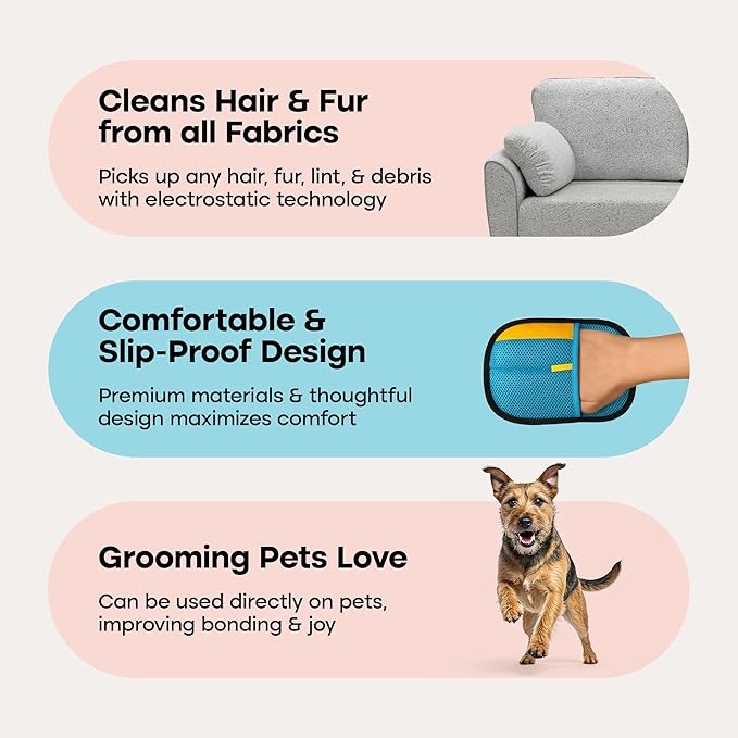 Uproot Clean Pet Hair Removal Glove for Cats & Dogs: Infinitely-Reusable Electrostatic Pet Hair Remover Glove for Any Fabric - Cleans Furniture, Clothes, Car Upholstery, & More