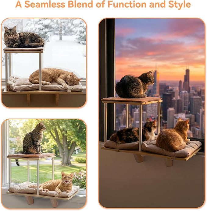 PETSFIT Cat Window Perch,Dual-Level Hammock with Suction Cups & Wooden Base, Supports Large Cats & Multi-Cat Families, Reversible Cushions, Tool-Free Installation