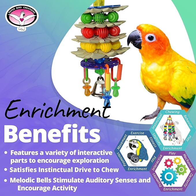 Super Bird Creations SB765 Triple Decker Bird Toy for Medium Sized Pet Birds - Ringnecks, Medium Conures, Cockatiels, Caiques, Pionus, Senegals - Bird Safe Component and Design - 8" x 3"