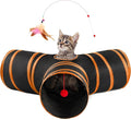 Love’s Cabin Cat Tunnel for Indoor Cats, 3-Way Collapsible Play Tunnel with Teaser Wand, Peek Holes & Toy Ball, Small Pet Toy for Kittens & Rabbits, Black & Orange, Small Size
