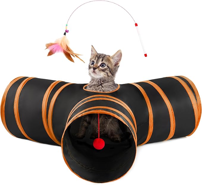Love’s Cabin Cat Tunnel for Indoor Cats, 3-Way Collapsible Play Tunnel with Teaser Wand, Peek Holes & Toy Ball, Small Pet Toy for Kittens & Rabbits, Black & Orange, Small Size