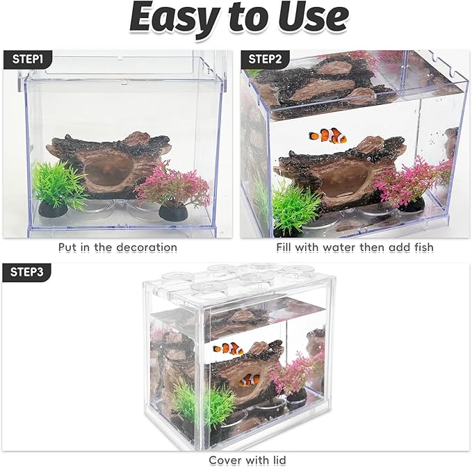 PINVNBY Mini Betta Fish Tank Kit Stackable Small Aquarium Kit 0.6 Gallon Fighting Fish Tank Set with 2Pcs Artificial Plants and Decorations Cave for Small Fish Shrimp Crab Snails Turtle as Decoration