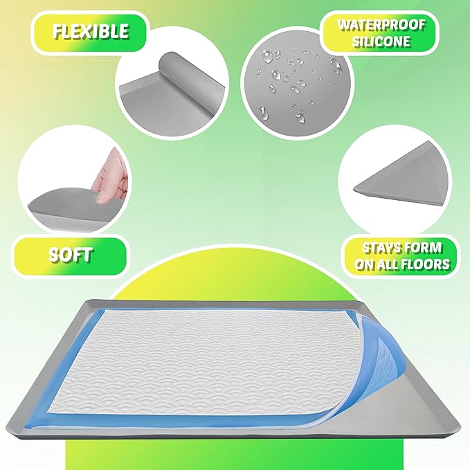 TidyFriend Dog Pee Pad Holder Tray Fits for 28” x 30” Wee Wee Pee Pads - Stable Grip, Raised Edges, Quick-Wipe Silicone Surface Dog Potty Tray Holder for Indoor Flooring Protection (Light Grey)