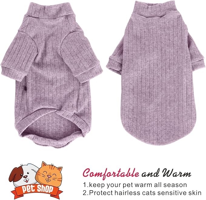 Idepet Sphynx Hairless Cats Sweater Shirt Kitten Soft Puppy Clothes Pullover Cute Cat Pajamas Jumpsuit Cotton Apparel Pet Winter Turtleneck for Cats and Teacup Chihuahua Small Dogs(Purple,L)