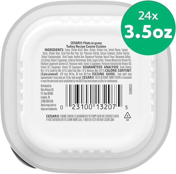 Cesar Filets in Gravy Adult Wet Dog Food Turkey Recipe, 3.5 oz. Easy Peel Dog Food Tray, 24 Count (Pack of 1)
