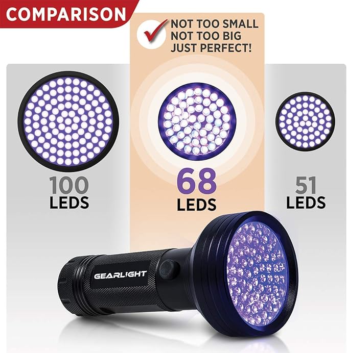 GearLight UV Flashlight Black Light from 68 LED Blacklight Flashlight Dog/Cat Pet Urine Detector, Scorpion, Bed Bug, Resin Curing, Dog Stain, and Carpet Odor Eliminator Remover, ID Checking_XR68