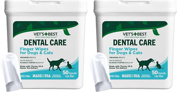 Vet's Best Finger Dental Wipes for Dogs & Cats–Oral Care Wipes for Teeth Cleaning, Fresh Breath, and Tartar Control – Gentle Finger Pads for Pet Dental Hygiene and Plaque Removal,50 Count(Pack of 2)