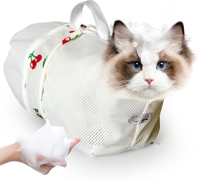 Cinf Cat Bathing Bag, Breathable Mesh Anti Scratch Adjustable Cat Grooming Bag for Nail Trimming, Bathing Soft Cat Washing Bag(White&Cherry) M