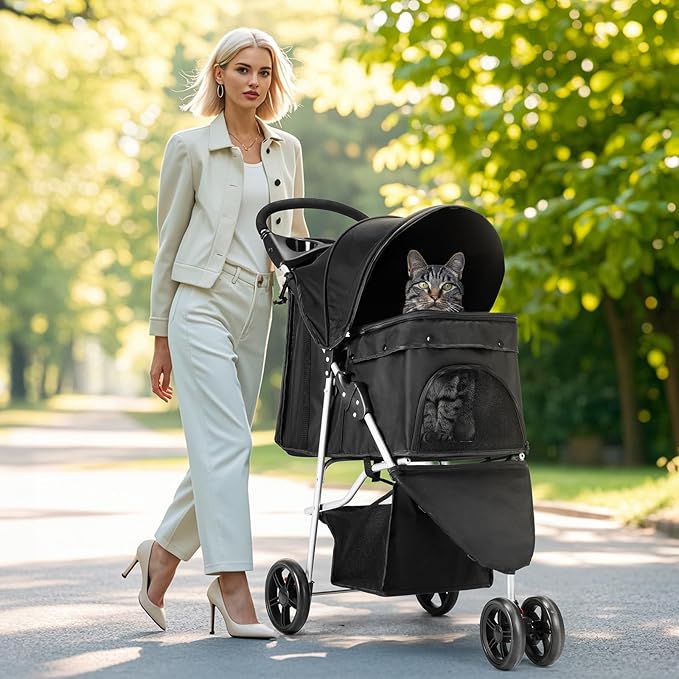 DUMOS 3 Wheels Pet Stroller for Small Dogs and Cats – Foldable Dog Stroller with Mesh Windows, Storage Basket & Cup Holder, Lightweight & Durable Pet Carrier for Travel, Outdoor Use – Black