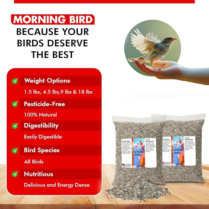 Morning Bird Oyster Shell for Birds 18 lbs (2-Pack, 9 lbs Each) – Natural Calcium Supplement – Sustainably Harvested from California Coast – Easy to Mix – Safe Year-Round Bird Food Additive