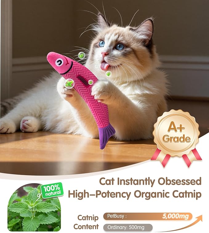 PetBusy Cat Toys with[5000mg A+Natural Catnip &Silvervine] [Baby Grade] Interactive Soft Chew Kicker Cat Toys for Indoor Cats & Kittens, [Crinkle &Bell] Fish Sound Toy, Drives Bored Cat Crazy with Fun
