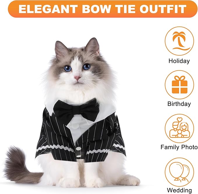 Cat Apparel, Stylish Tuxedo Outfit for Kitty with Tie, Black Stripes Pet Outfits for Wedding, Birthday, Party, Medium