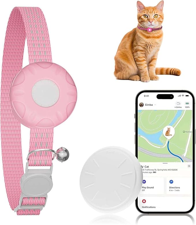 GPS Tracker for Cats, Compatible with Apple Find My App (Only iOS), No Monthly Fee Cat Tracker, Waterproof (White Tracker, Pink Cat Collar)