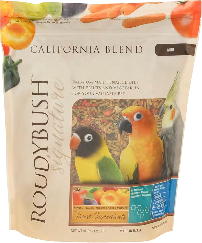 RoudyBush California Blend Pellets for Birds - Scientifically Formulated Bird Feed - Bird Food Pellets w/Dried Fruits, Vegetables & More - Nutritious & Healthy Feed for Birds (Mini, 44oz)