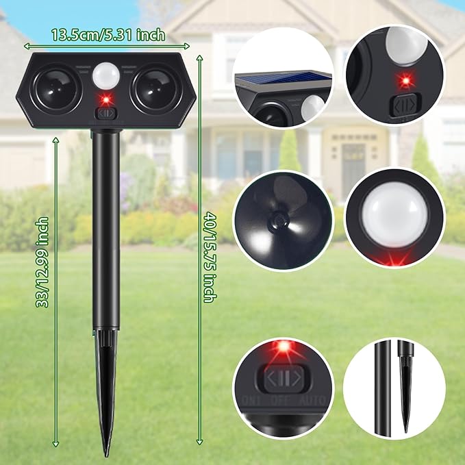 Solar Ultrasonic Animal Repellent Outdoor, 4Pack Solar Deer Deterrent Devices with PIR Motion Sensor, Ultrasonic Cat Repellent to Scare Squirre Rabbit Skunk Dog Raccoon Armadillos for Lawn Yard