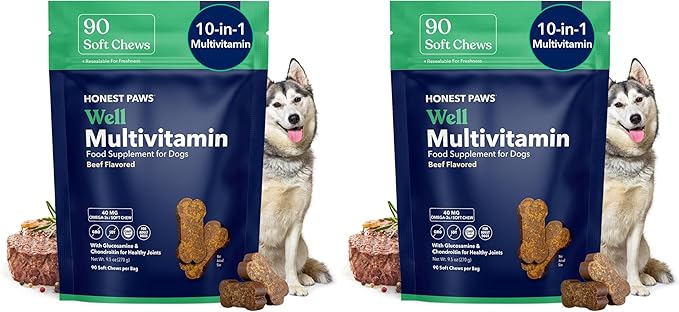 Honest Paws (90 Count) Dog Multivitamin Soft Chews with 10 Essential Vitamins - Joint, Coat, Immune, Eye & Heart Support - with Glucosamine, Chondroitin & Omega-3 - Beef Flavor (Pack of 2)