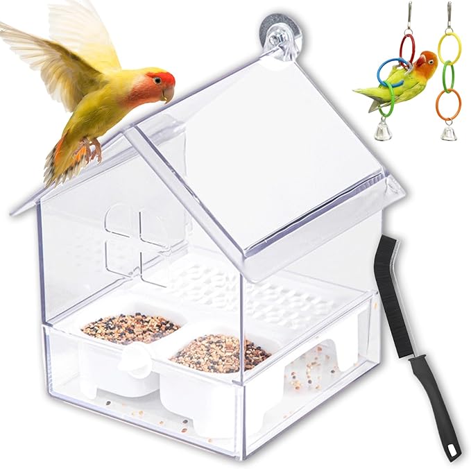 Pull-Out External Parrot Feeder, Clear Hanging Bird Feeder House, No Mess Bird Feeders for Cage, Birds Feeding & Watering Supplies for Parakeet Canary Cockatiel Finch (White)