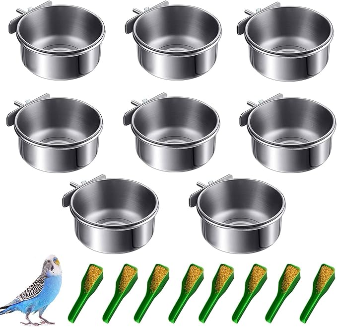 8 pcs Bird Feeding Dish Cups, Parrot Stainless Steel Food Bowl Cage Water Feeder with Clamp Holder for Parrots Cockatiel Budgies Lovebird Parakeet Feeding Cups with 8 Spoon