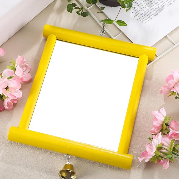 Sadnyy 1 Pcs Chicken Mirror Toys Extra Large 10.6 x 10 Inch Big Hanging Swing Mirror with Bell Wooden Pecking Toy for Hens Birds Parrots Coop Roosters (Square,Yellow)