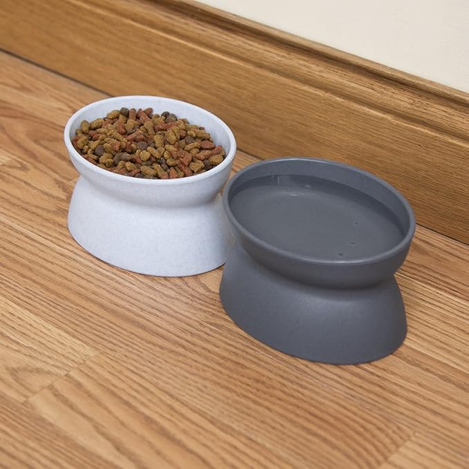 Kitty City Elevated Cat Bowls (Set of 2), Whisker-Friendly Raised Cat Food & Water Dishes, Modern Pedestal Design, Dishwasher Safe, 6.5 oz Each – White & Gray