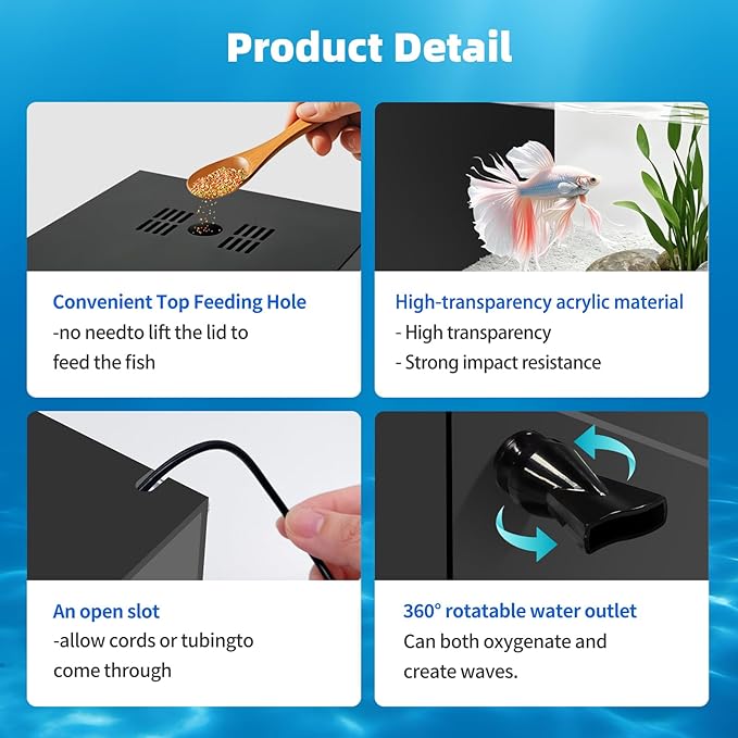 Small Fish Tank Betta 2.5 Gallon Desktop Aquarium Kit with LED Light and Water Pump & Black Filter Sponge & Bio Ball Filter Media Compact Aquarium for Betta Fish, Shrimp(Black