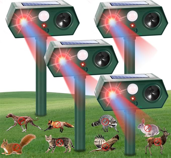 2025 Solar Ultrasonic Animal Repellent Sonic Fortress Pro Raccoon Repellent Cat Repeller Deer Deterrent with Flash Light Motion Sensor to Keep Squirrel Rabbit Dog Skunk Out of Garden Yard(4Pack)