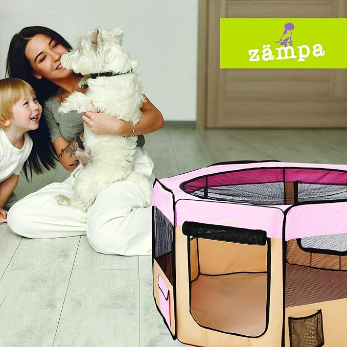 Zampa Puppy Pop Up Portable Playpen for Dog and Cat, Foldable | Indoor/Outdoor Kitten Pen & Travel Pet Carrier + Carrying Case (Pink, Extra Large (80"x80"x36"))