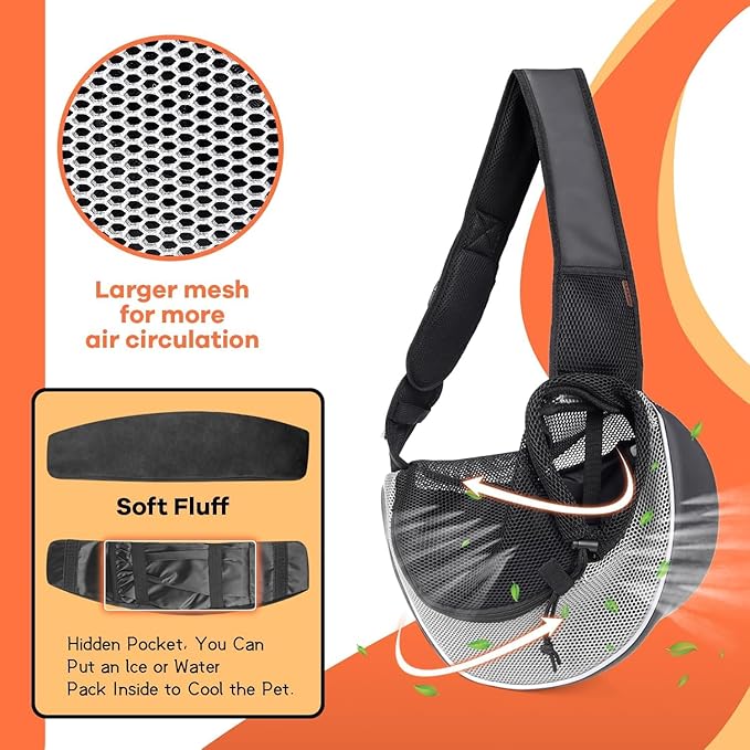 YUDODO Pet Sling Carrier for 2-5 lbs Small Dogs & Cats – Hands-Free Puppy Carrier with Safety Hook, Large Zipper Pocket, Soft Breathable Mesh, Adjustable Strap & Reflective Strip (Gray 3.0 S)
