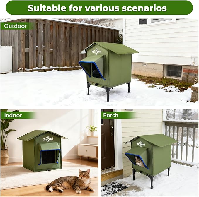 Outdoor Cat House Heated Cat House for Outside with Elevated Base Cat-Attracting Eave Design Feral Stray Shelter Weatherproof in Winter Garage Yard Porch