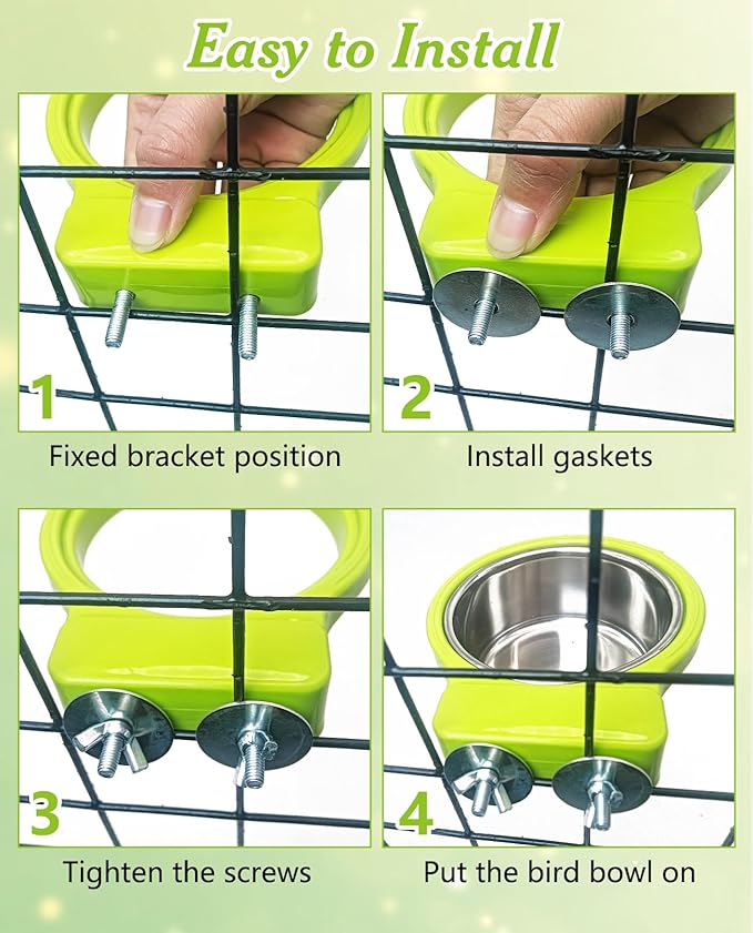 BNOSDM 2 PCS Bird Feeding Dish Cups with Perch Stand Hanging Stainless Steel Bird Bowls Food Container Food and Water Bowls with Spoon for Budgie Cockatoo Finch Lovebirds Pigeons (Green&White)