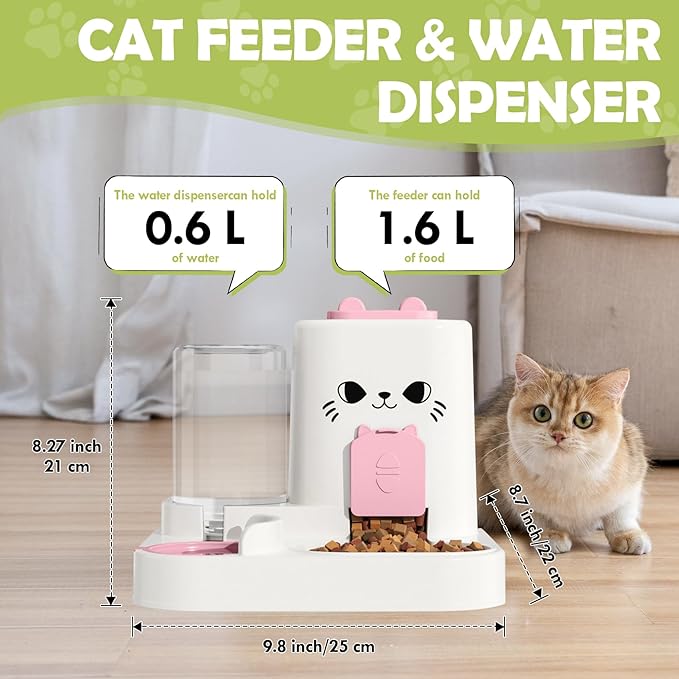 1.6L Auto Gravity Pet Feeder and 0.6L Water Dispenser Set, Automatic Cat Food and Water Dispenser, Gravity Pet Feeder for Small Medium Dog Puppy Cat Kitten (Pink)