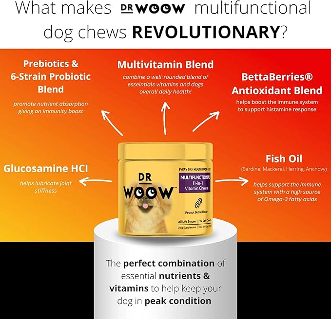 Multivitamin Supplements for Dogs Soft Chews (90 CT) – 11-in-1 Daily Wellness + Immune & Gut Support – Glucosamine + Probiotics – Made in USA