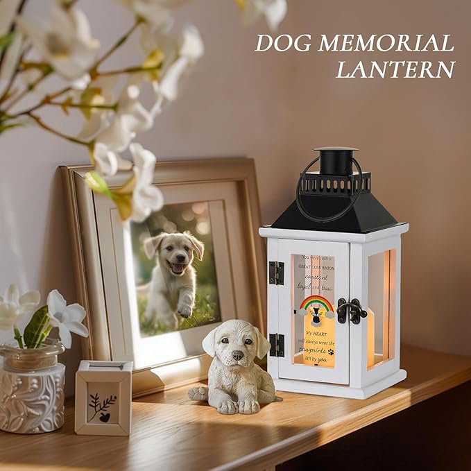 Memorial Gifts for Loss of Dog - Pet Sympathy Remembrance Passing Away Gift Ornament with LED Candle, White Bereavement Funerary Lantern Decor with Remote Control