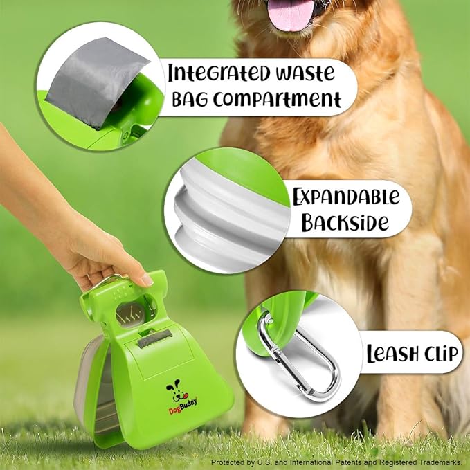 DogBuddy Pooper Scooper, Portable Dog Pooper Scooper, Poop Scooper for Small and Large Dogs, Pooper Scooper With Bag Attachment, Leash Clip and Dog Waste Bags Included (Medium, Kiwi)