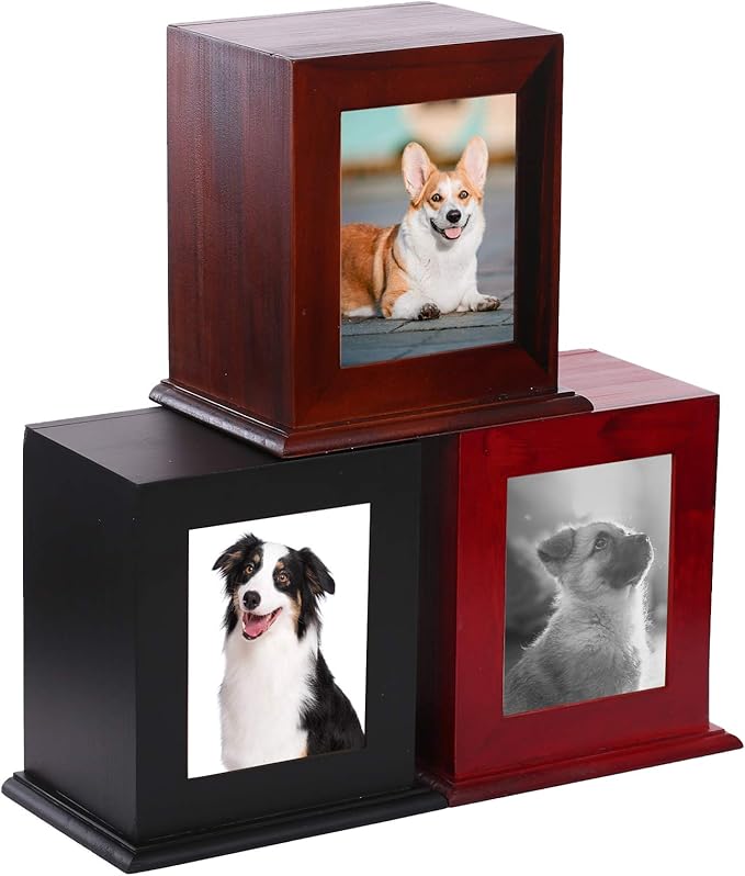 BRKURLEG Dog Urns for Ashes, Wood Pet Urn with Photo Frame, Pets Ashes Box Cremation for Cat Dog, Memorial Box for Dogs, Animal Wood Urn, Suitable for Most Pets