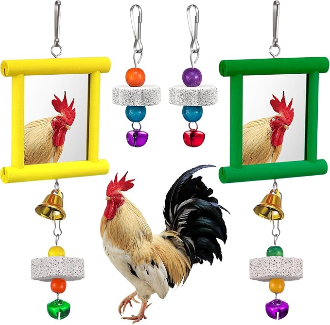 Sumind 2 Pieces Chicken Mirror Toys Hanging Swing Mirror with Bell Wooden Pecking Toy and 4 Pieces Beak Grinding Molar Stones for Hens Birds Parrots(Yellow,Green)