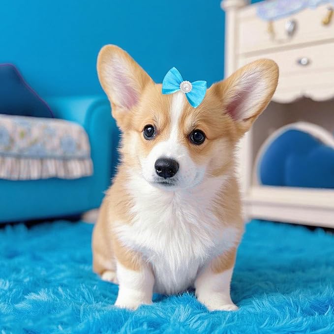 20 PCS Cute Dog Hair Bows with Rubber Bands Elastic Handmade Mix Style Lace Rhinestone Pearls for Furry Puppy Cat Pet Girl, Sky Blue