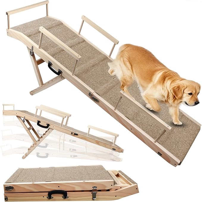 Dog Ramp for Bed, Couch & Car – Adjustable Foldable Pet Ramp, 64.17" Long, 17.72" Wide, Non-Slip Surface with Safety Rails, 8 Heights 20.08"-28.35", Supports 220 lbs, Solid Wood (Wood, 17.72)