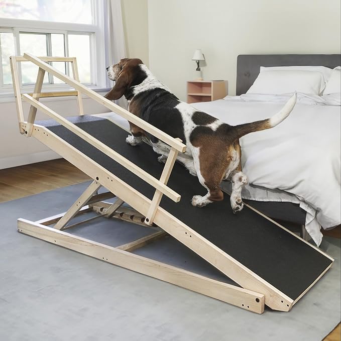 Large Dog Ramp for Bed, by DoggoRamps – Extra Wide Dog Ramp for Large Dogs to Get on High Beds up to 35" Tall – Wide Ramp with Rails, Platform & Non-Slip Grip – Made in N America from Solid Hardwood