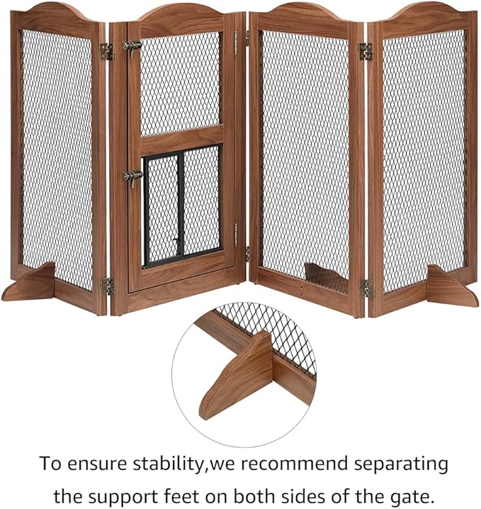 beeNbkks Freestanding Pet Gate with Cat Door, Dog Proof Cat Gate, Indoor Dog Gates for The House Doorways Stairs, Metal Mesh Wooden Small Animal Pet Barrier with Walk Through Door and Support Feet