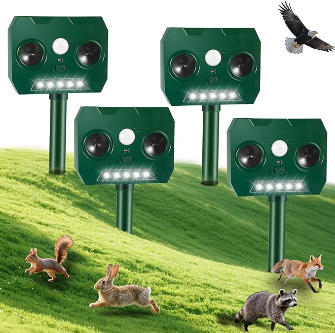 2025 Solar Ultrasonic Animal Repellent Sonic Fortress Pro Deer Repellent Rabbit Repeller Raccoon Squirrel Deterrent with Flash Light Motion Sensor to Keep Cat Dog Fox Skunk Out of Garden Yard(4Pack)