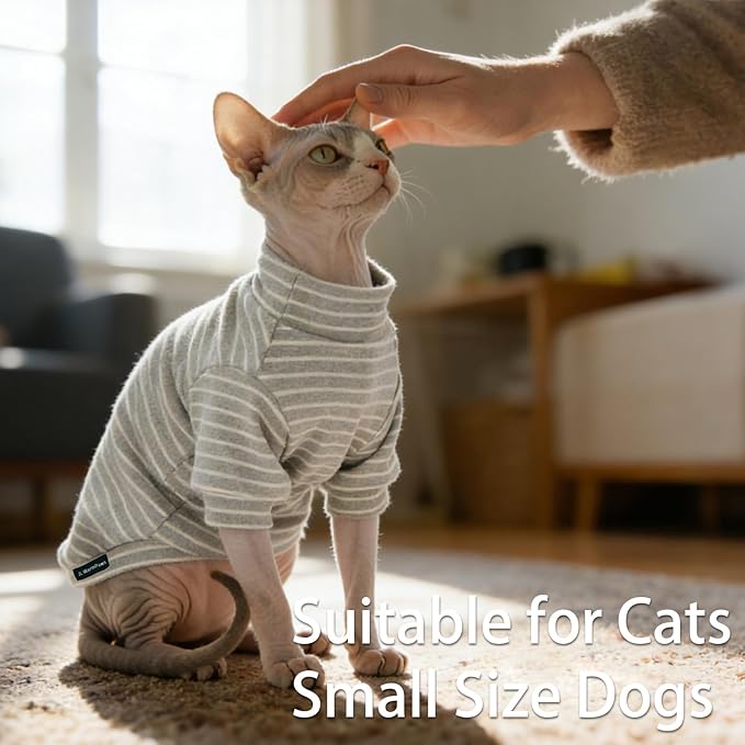 Fleece Sphynx Cat Clothes Soft Hairless Cat Clothes Pullover Cat Sweater for Chihuahua All Season Light and Warm Kitten Cloth for Cats Only Puppy Clothes Small Dog Sweater (Gray Striped, X-Large)
