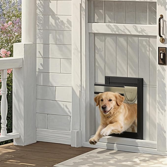 MAVRICFLEX Heavy Duty Doggy Door with Sliding Lock Panel, Aluminum Large Dog Door with Magnetic Double Flaps Dog Door for Large Dogs Up to 40lbs, Medium, Black